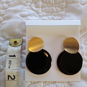 Vintage 80s Gold Curved Disc And Black Enamel Statement Earrings